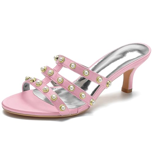 Women's Strappy Mules Sandals Pearl Embellishments Slip-On Open Toe High Heel Party Sandals Evening,Rosa,43 EU von Generic