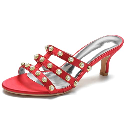Women's Strappy Mules Sandals Pearl Embellishments Slip-On Open Toe High Heel Party Sandals Evening,Rot,39 EU von Generic