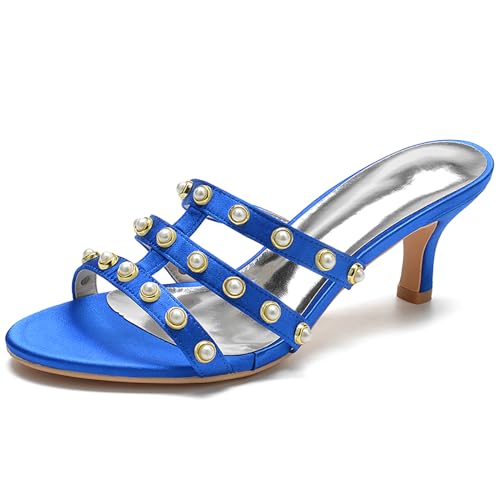 Women's Strappy Mules Sandals Pearl Embellishments Slip-On Open Toe High Heel Party Sandals Evening,Royal Blue,35 EU von Generic