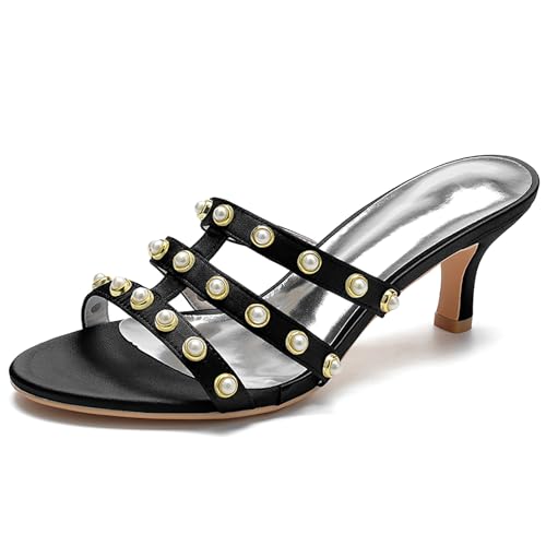 Women's Strappy Mules Sandals Pearl Embellishments Slip-On Open Toe High Heel Party Sandals Evening,Schwarz,38 EU von Generic