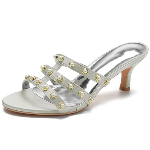 Women's Strappy Mules Sandals Pearl Embellishments Slip-On Open Toe High Heel Party Sandals Evening,Silber,35 EU von Generic