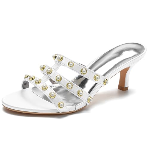 Women's Strappy Mules Sandals Pearl Embellishments Slip-On Open Toe High Heel Party Sandals Evening,Weiß,41 EU von Generic