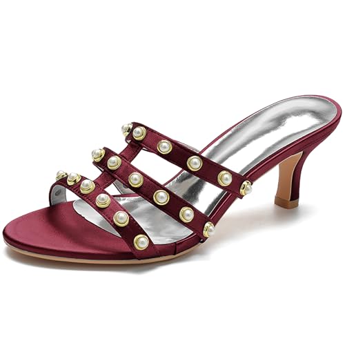 Women's Strappy Mules Sandals Pearl Embellishments Slip-On Open Toe High Heel Party Sandals Evening,Wine red,42 EU von Generic
