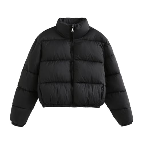 Women's Winter Puffer Jacket Long Sleeve Zip Up Drawstring Quilted Baggy Warm Short Down Coats with Pockets (Black, M) von Generic