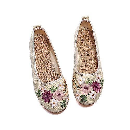 Womens Ballet Flats Cloth Shoes Single Shoes Ribbon Linen Breathable Embroidery Single Shoes Flat Heels Linen Embroidered Mother Shoes Pumps Loafers Wedding Party Work Pumps D-56 von Generic