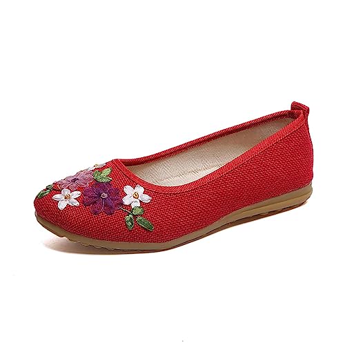 Womens Ballet Flats Cloth Shoes Single Shoes Ribbon Linen Breathable Embroidery Single Shoes Flat Heels Linen Embroidered Mother Shoes Pumps Loafers Wedding Party Work Pumps D-56 von Generic