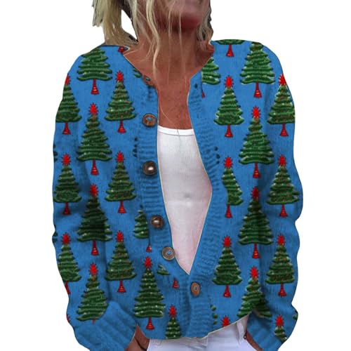 Womens Christmas Cardigans Funny Xmas Tree Print Ribbed Tops Long Sleeve Crewneck Outerwear Party Coat Baggy Button Cardigan A-76 von Generic