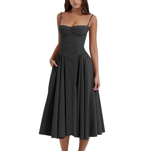Womens Corset Dress Elegant Spaghetti Strap Bustier Midi Low Cut Flowy Pleated Hem Formal Dresses with Pockets Womens Corset Dress Elegant Spaghetti Strap Bustier Midi Low Cut Flowy Pleated Hem Formal Dresses with Pockets von Generic