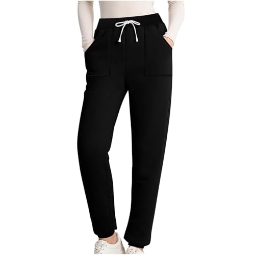 Womens Fleece Lined Sweatpants with Pockets Plus Size 2024 Trendy Lined Sweatpants Drawstring Elastic Pants Hosen Damen Stoff Schwarz Culotte Damen Wolle (Black, XXL) von Generic