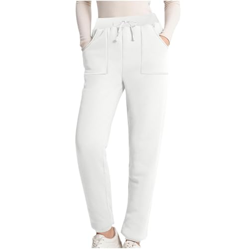 Womens Fleece Lined Sweatpants with Pockets Plus Size 2024 Trendy Lined Sweatpants Drawstring Elastic Pants Hosen Damen Stoff Schwarz Culotte Damen Wolle (White, M) von Generic