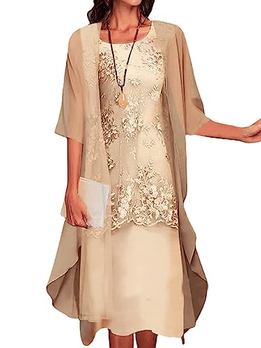 Womens Flowy Floral Kleider mit Jacke 2 Stück Set 3/4 Ärmel Sheer Chiffon Sommer Cocktail Hochzeit Gast Kleid (Beige,3X-Groß) von Generic