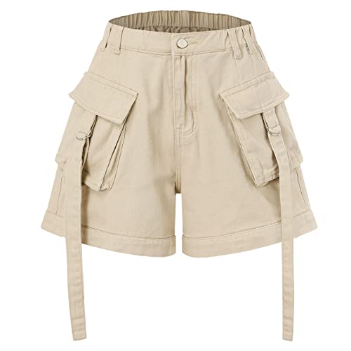 Workout-Shorts für Damen, mittlere Taille, lässige Sommershorts mit Tasche, einfarbig, Streetwear, athletisch, Laufen, Bermuda, kurze Laufshorts für Damen, khaki, S von Generic