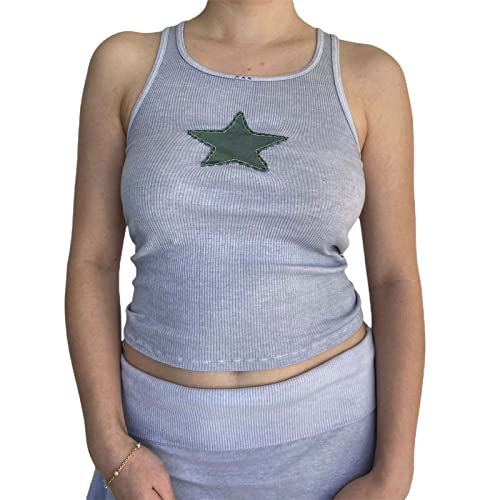 Damen Sexy Y2K Kurzarm-Crop-Top, Retro-Sterne, ärmellos, schmale Passform, Tank-Top, ästhetische Sommer-T-Shirts, B-grau, M von Generic