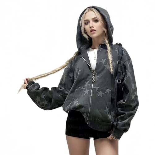 Y2K Jacke Damen Zip Up Hoodie Sterne Motiv Graphics Harajuku Sweatshirt für Paare Vintage Unisex Kapuzenjacke Sweatjacke mit Kapuze 90er E-Girl Top von Generic
