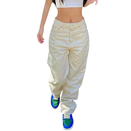 Y2K Jeans Damen Y2K Jeans High Waist Baggy Cargohose Damen Y2K Baggy Jeans Parachute Pants Track Breites Bein Boyfriend Pants E-Girl Style Boyfriend Pants (Z1-White, S) von Generic