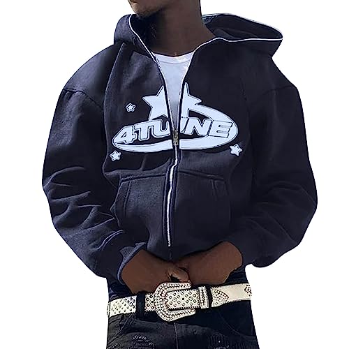 Y2K Zip Up Hoodie Herren Hoody Sweatjacke Zipper Hoodie Oversize Sweat Jacken Herbst Winter Kapuzenjacke Sweatshirt Kapuzenpullover Pullover Streetwear Tops Paar Geschenke Marine M von Generic