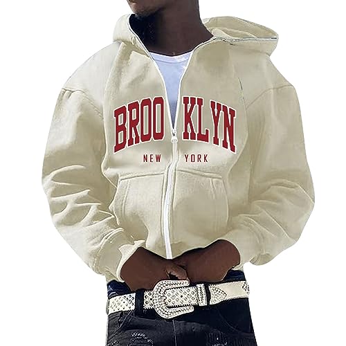 Y2K Zip Up Hoodie Herren Oversized Sweatjacke Mit Kapuze Zipper Kapuzenpullover Sweat Jacken Hoody Mit Kapuze Kapuzenjacke Sweatshirt Pullover Geschenke Für Männer Jungen Herren Beige L von Generic