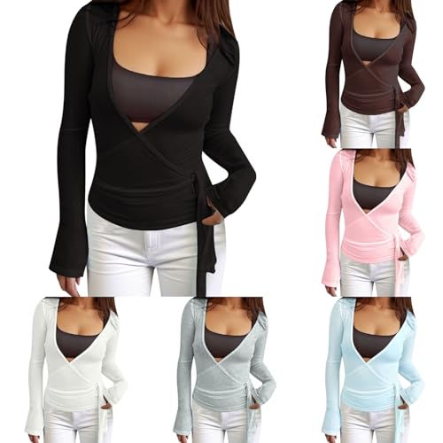 Y2k Ballett Wrap Top Langarm Tiefer V-Ausschnitt Slim Fit Yoga Pilates Ballet Workout Tops Frühling Kleidung A von Generic