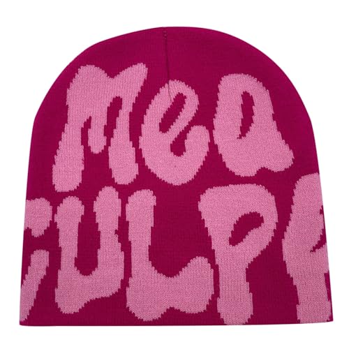 Y2k Beanie Mütze Herren Damen Teenager Y2k Cap Winter Knit Skater Beanie Mütze Hip Hop Strickmützen Baumwolle Mützen Pink Harajuku Y2k Beanie Cap Hat von Generic