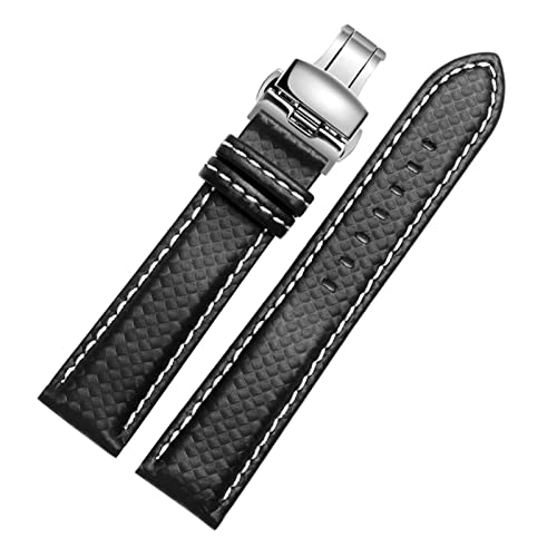 YGUKOJ 18mm 20mm 22mm 24mm Herrenuhrband Kohlefaser-Uhr-Armband mit rot genäht + Lederfutter Edelstahl-Schließer-Armband(White deploy clasp,21mm silver clasp) von Generic