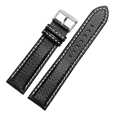 YGUKOJ 18mm 20mm 22mm 24mm Herrenuhrband Kohlefaser-Uhr-Armband mit rot genäht + Lederfutter Edelstahl-Schließer-Armband(White pin clasp,23mm silver clasp) von Generic