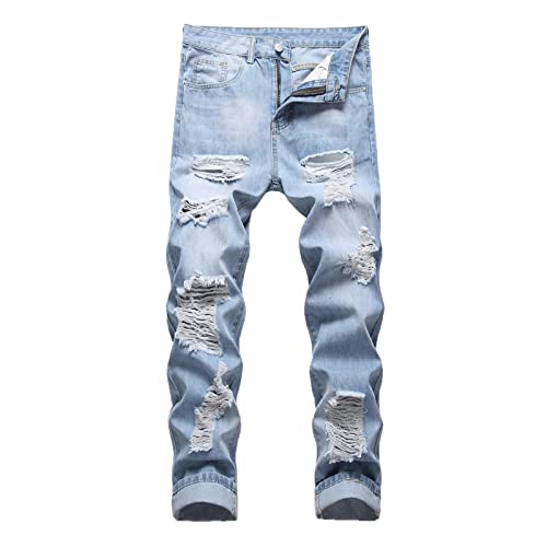 YIQIANYI Baggy Jeans Mit LöChern Herren Fashion Casual Straight Hole Buckle Zipper Denim Long Pants Hose Chinos 100 Baumwolle Jeans Hellblaue Straight Leg Jeans Camouflage Hose von Generic