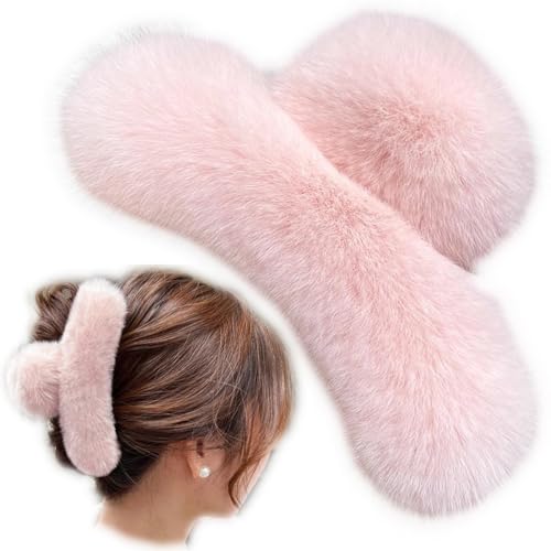 YOYLMAL Große Kunstfell-Haarklammer für Frauen, 13 cm, Winter, flauschig, flauschig, flauschig, rutschfest, starker Halt, pelzige große Kieferklemme für dickes langes Haar (Rosa) von Generic