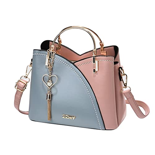 Yeucan Satchel-Umhängetaschen aus Leder mit Griff oben, Messenger-Einkaufstasche, Farbblock-Handtaschen mit Herzanhängern für Damen und Herren,rosa hellblau von Generic