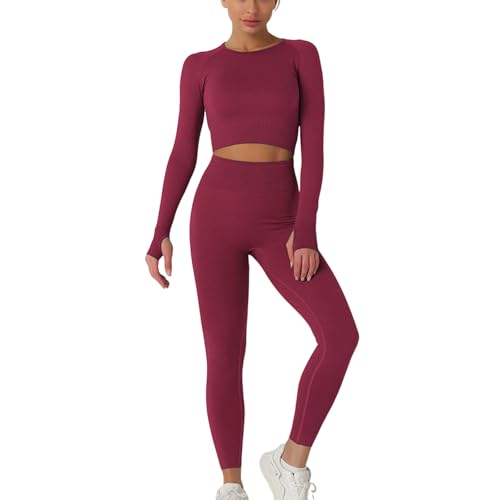 Yogahose Damen Yoga Laufbekleidung 2 Stück Fitness Sportkleidung Nahtloses Bekleidungssets 2pcs Freizeitanzug Sportswear Fitness Outfit Damen Set Deals of The Day（1-Wine，M） von Generic