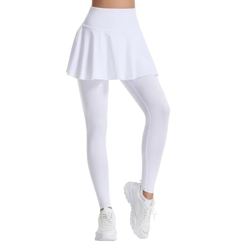 Yogahose Hosenrock Damen mit Taschen Sportskort mit Hose Hohe Taille Tennisrock Sportrock Yoga Pants Freizeithose Lang Leggings mit Rock Blickdicht Golfrock Skort Rockhose Laufhose (White, XL) von Generic