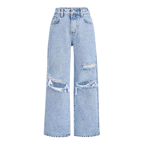 Zerrissene Jeans Mädchen Elastischer Hohe Taille Cargohose Loose Fit Freiziethose Weites Bein Jeanshosen mit Gummibund Wide Leg Sommerhose Teenager Mädchen Y2K Vintage Streetwear von Generic
