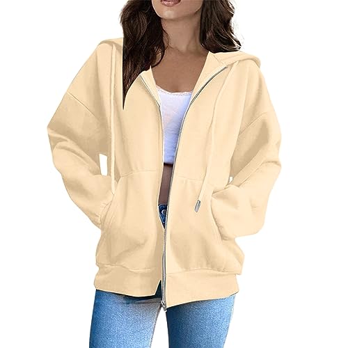 Zip Hoodie Y2K,Damen Laufjacke Sportjacke Trainingsjacke Langarm Fitness Yoga Jacke Leicht Atmungsaktive Full Zip Sweatjacke mit Taschen Daumenloch,Hose Teenager Mädchen,Beige,XXL von Generic