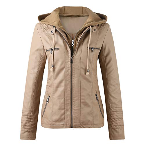 Zip Lederjacke Damen Kunstleder Jacke Damen Lederjacke mit Kapuzen Große Größen Herbst Winter Langarm Motorrad Jacke Winterjacke Slim Fit Hoodie Mantel Streetwear mit Reißverschluss Tasche von Generic