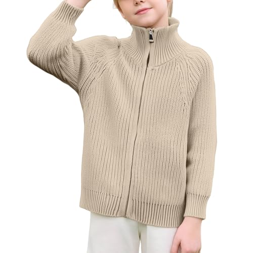 Zip Strickpullover Jungen Mädchen Zipper Einfarbige Pullover Strickjacke mit Reißverschluss Kinder Kleinkind Unisex Bequeme Fleece Warme Sweater Langarmshirt (Beige, 7-8 Years) von Generic