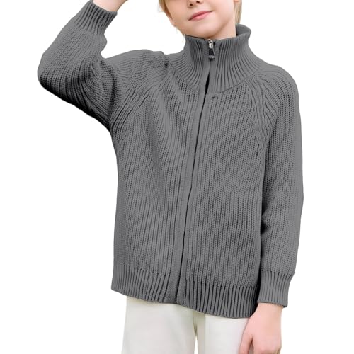 Zip Strickpullover Jungen Mädchen Zipper Einfarbige Pullover Strickjacke mit Reißverschluss Kinder Kleinkind Unisex Bequeme Fleece Warme Sweater Langarmshirt (Grey, 7-8 Years) von Generic