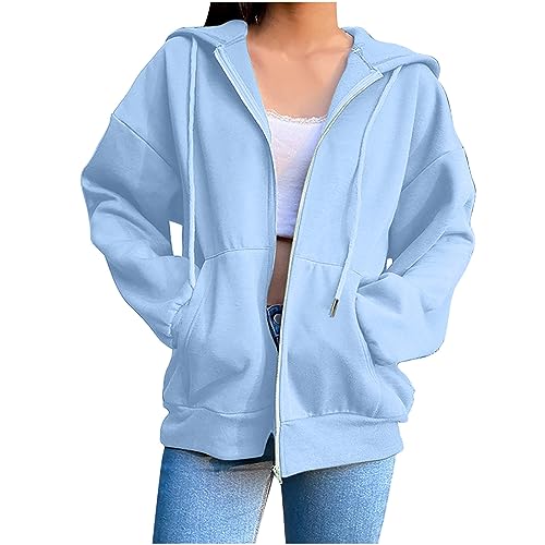 Zipper Hoodie Damen Langarm Kapuzenjacke Sweatjacke Oversize Reißverschluss Fleece Sweatshirt mit Kapuze Einfarbig Herbst Jacken,Blau,3XL von Generic
