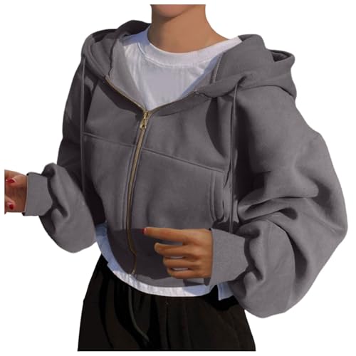 Zipper Hoodie Damen Sweatjacke Crop Pullover Teenager Mädchen Y2K Tops Bauchfrei Kapuzenpullover Langarm Kurz Hoody Sweatshirt Jacke Kapuzenjacke mit Reißverschluss Freizeit Sport Hoodies von Generic