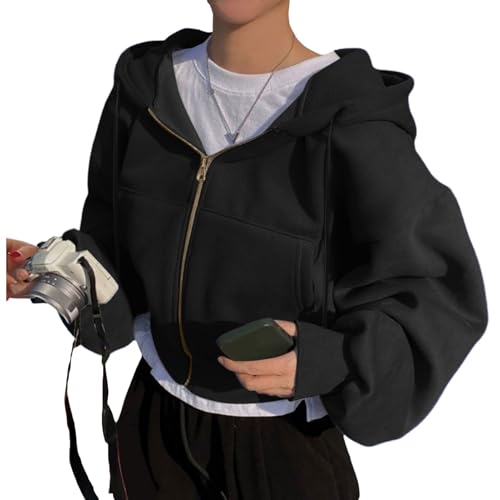 Zipper Hoodie Damen Sweatjacke Crop Pullover Teenager Mädchen Y2K Tops Bauchfrei Kapuzenpullover Langarm Kurz Hoody Sweatshirt Jacke Kapuzenjacke mit Reißverschluss Freizeit Sport Hoodies von Generic