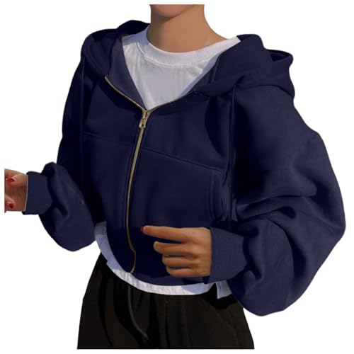 Zipper Hoodie Damen Sweatjacke Crop Pullover Teenager Mädchen Y2K Tops Bauchfrei Kapuzenpullover Langarm Kurz Hoody Sweatshirt Jacke Kapuzenjacke mit Reißverschluss Freizeit Sport Hoodies von Generic