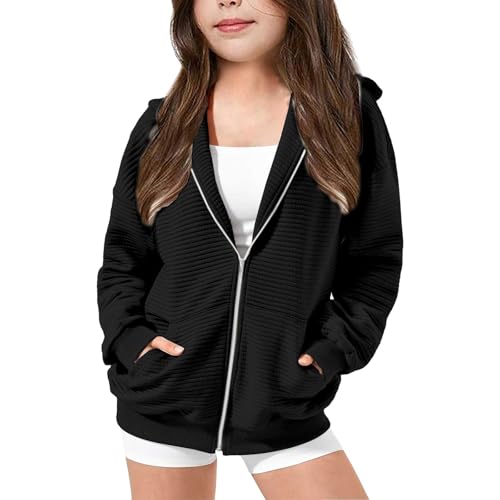 Zipper Hoodie Teenager Mädchen Kapuzenpullover mit Reißverschluss Kinder Zip Kapuzenpulli Oversized Sweatshirt mit Kapuze Langarm Freizeit Einfarbige Baumwolle Oberteile mit (Black, 7-8 Years) von Generic