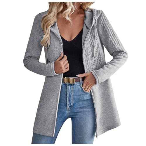 Zipper Strickjacke Damen Herbst Cardigan Lang Elegant Strickjacken mit Kapuze und Reissverschluss Longjacke Übergang Strick Jacke Trachten Strickcardigan Herbstmode Strickweste von Generic