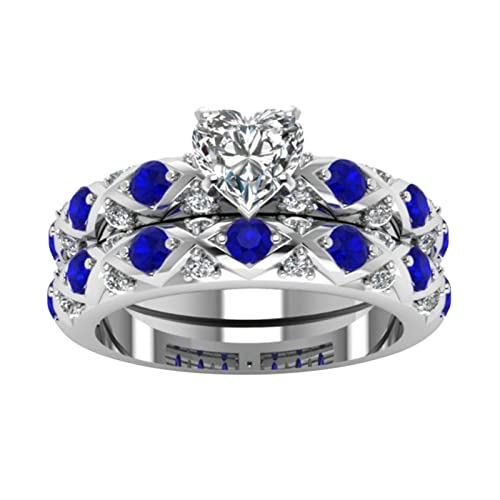 Zirkon Ring Diamanten Pfirsich Intarsien Amerikanische Europäische Voll Mikro-Intarsien Paar Diamanten Muster und Herz Ringe Alt Ring Set, blau, 34 von Generic