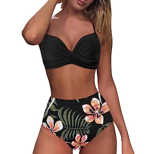 Zwei Damen-Sets, Bedruckt, mit Bein hoch, einfarbig, sexy Badeanzug, Spitzen-Bikini-Teil, Badebekleidung, Tankinis-Set, Badebekleidung, Tankinis-Set (Orange #4, L) von Generic