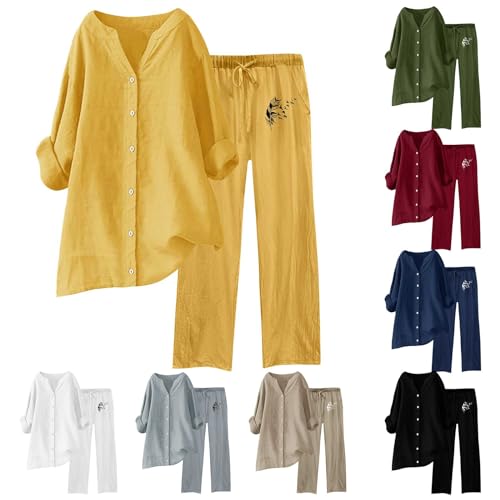 Zweiteiler Damen, Zweiteiler Damen Sommer Outfits Baumwolle Und Leinen Bluse Lange Hose Einfarbig Große Größen Leinen Set 2 Teiler Damen Sommer Lang Hosenanzug Leicht Und Luftig Hausanzug von Generic
