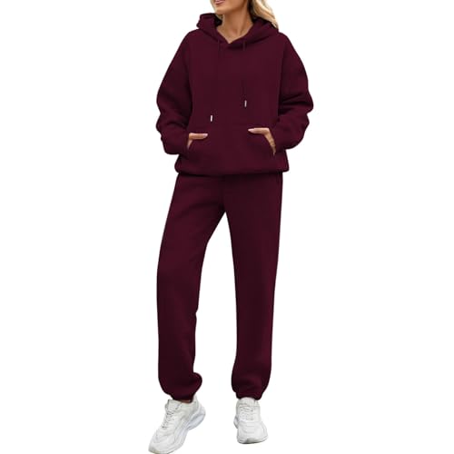 Zweiteiler Damen,Jogging Damen Anzug Set,Damen Tracksuit Set Langarm Hoodie Jogger Rundhalsausschnitt Zweiteiliges Outfit Trainingsanzug Weich Baumwolle Hausanzug,Rot,L von Generic