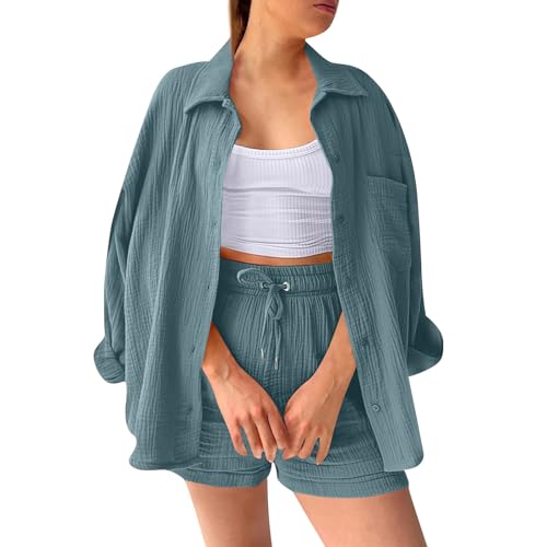 Zweiteiler Damen,Leinen Set Damen,Zweiteiler Damen Sommer Musselin Bluse Hemd und Shorts Clothes Aesthetic Zweiteiler Lounge Set Strand Outfit Set Two Piece Set Women,blau,XL von Generic