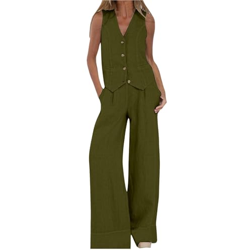 Zweiteiler Damen Elegant,Hosenanzug Damen Elegant 2 Teiler,Hosenanzug Damen Zweiteiliger Anzug Set Elegant V-Ausschnitt Ärmellos Blazer Weste und Hose 2 Stück Casual Leinen Outfit Sets von Generic