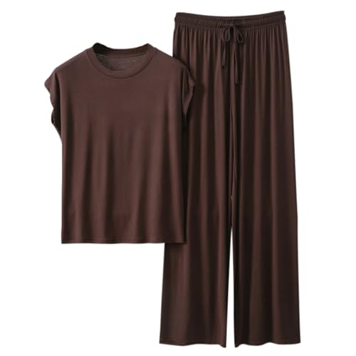 Zweiteiler Damen Elegant Hosenanzug Leicht Weich Jogginganzug Kurzarm Top Weites Bein Hose Lounge Sets Rundhals Freizeitanzug Sportanzug Casual Bequeme Outfits Streetwear Loungewear (Kaffee, XXL) von Generic
