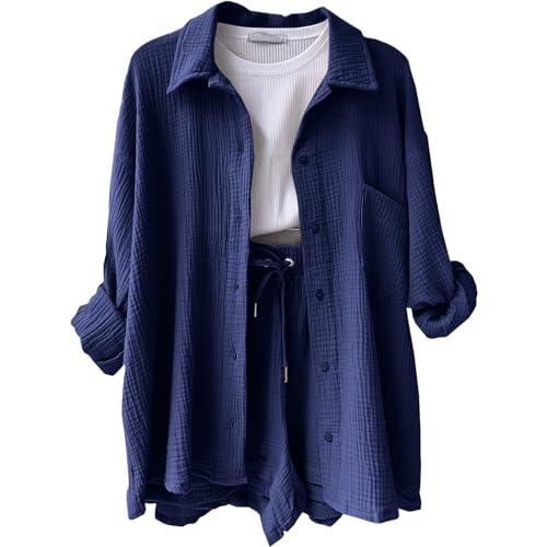 Zweiteiler Damen Elegant Sommer Musselin Bluse Hemd und Shorts Clothes Aesthetic Zweiteiler Lounge Set Strand Outfit Set Two Piece Set Women Mode Leicht Outfits Kleidung 2 Teiler Set Y2k Clothes von Generic