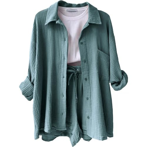 Zweiteiler Damen Elegant Sommer Musselin Bluse Hemd und Shorts Clothes Aesthetic Zweiteiler Lounge Set Strand Outfit Set Two Piece Set Women Mode Leicht Outfits Kleidung 2 Teiler Set Y2k Clothes von Generic